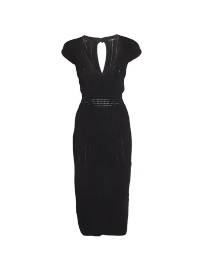 Pre-owned Balmain Openwork Rib-knit Midi Dress In Black