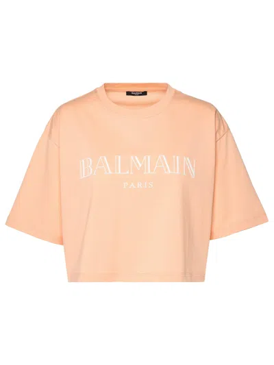 Balmain Orange Cotton Crop T-shirt In Neutrals