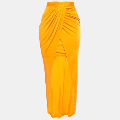Pre-owned Balmain Orange Jersey High Slit Draped Maxi Skirt S