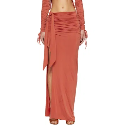Balmain Orange Knotted Split Jersey Maxi Skirt In Red