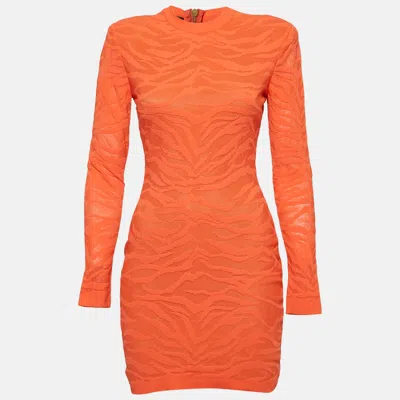 Pre-owned Balmain Orange Patterned Knit Bodycon Dress S