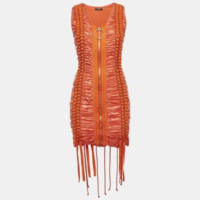 Pre-owned Balmain Orange Satin Lace Up Ruched Mini Dress S