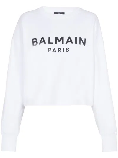 Balmain Logo Organic Cotton Cropped Sweatshirt In White