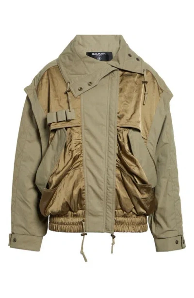 Balmain Oversize Batwing Sleeve Cotton Twill & Nylon Jacket In Green