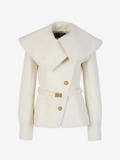 Balmain Oversized-collar Belted Wool Jacket In Beige
