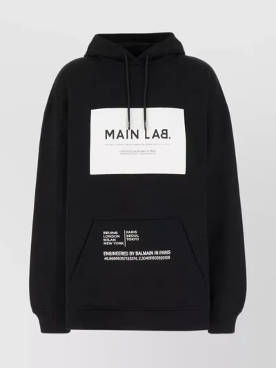 Balmain Oversize Cotton Sweatshirt Drawstring Hood In Black White