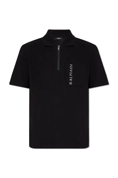 Balmain Laminato Logo-lettering Polo Shirt In Black