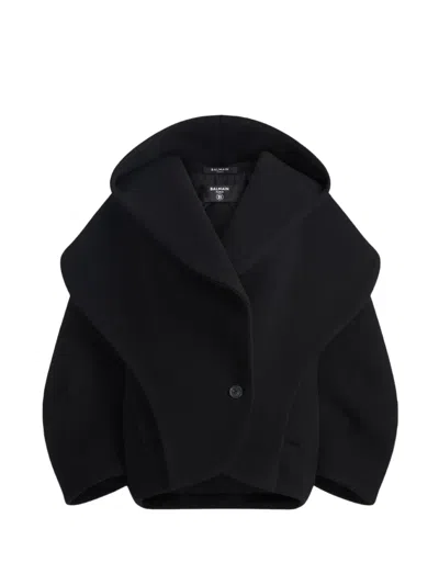 Balmain Oversized Wool Pea Coat With Hood In Blue