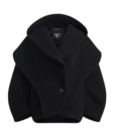 Balmain Oversized Wool Pea Coat With Hood In Black