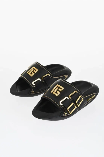 Balmain Padded Leather B-it Sandals With Zip Details In Black