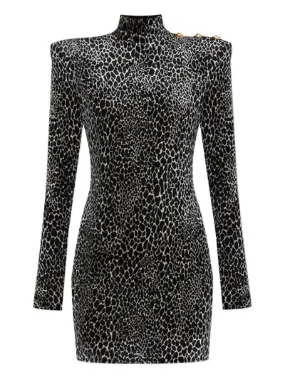 Balmain Padded-shoulder Animal-print Dress In Black