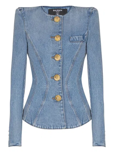 Balmain Padded-shoulder Buttoned Denim Jacket In Blue