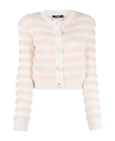 Balmain Padded-shoulders Striped Cardigan In White