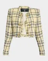 Balmain Paillette Check Eyelash Tweed Crop Jacket In Yellow