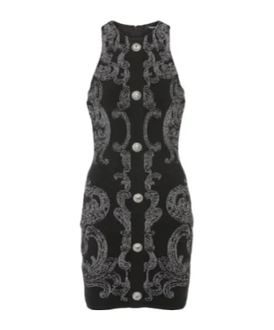 Balmain Paisley Jacquard Gold And Silver Thread Mini Dress In Black