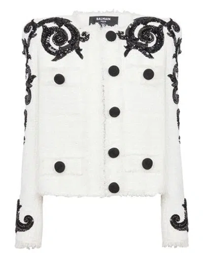 Balmain Embroidered Paisley Tweed Jacket In White