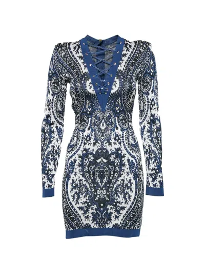 Pre-owned Balmain Paisley-print Lace-up Mini Dress In Blue