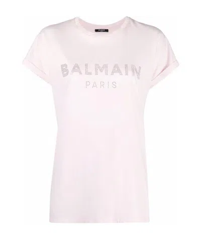 Balmain Pale Pink Cotton T-shirt With Rhinestone  Logo In White