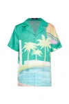 Balmain Short-sleeved Twill Pyjama Shirt With Palm Tree Print In Multicolor