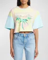 Balmain Palm Tree Colorblock Short-sleeve Logo Crop T-shirt In Yellow Multi