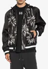 Balmain Printed Satin Palm Tree Bomber Jacket In Black