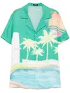 Balmain Short-sleeved Twill Pyjama Shirt With Palm Tree Print In Grün