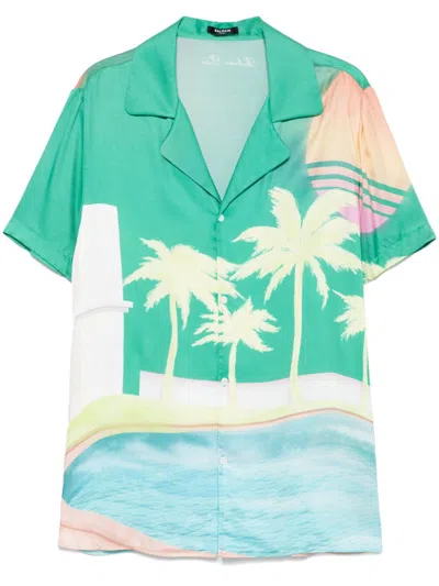 Balmain Short-sleeved Twill Pyjama Shirt With Palm Tree Print In Multi