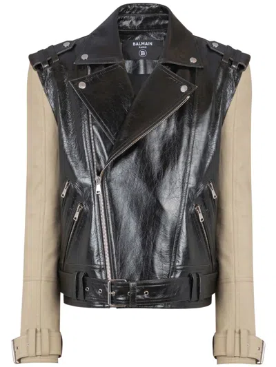 Balmain Panelled Biker Jacket In Black