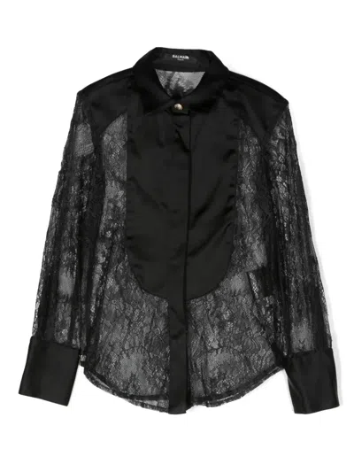 Balmain Kids' Panelled Chantilly-lace Shirt In Schwarz