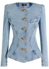 Balmain Padded-shoulder Buttoned Denim Jacket In Blue