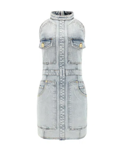 Balmain Panelled Denim Minidress In Blue