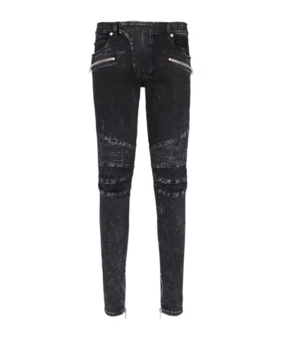 Balmain Slim Cut Ribbed Faded Cotton Jeans In Black