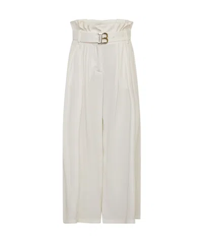 Balmain Paperbag-waist Wide-leg Trousers In White