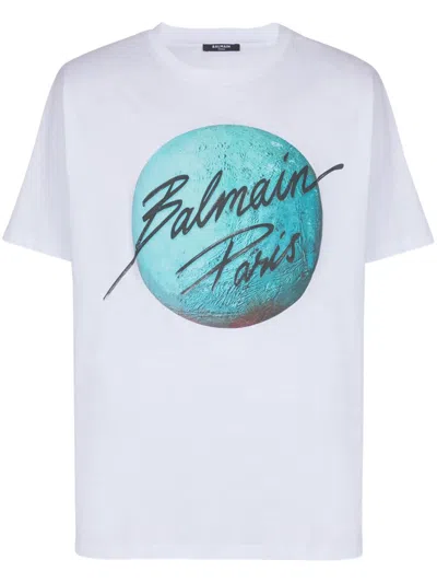 Balmain Paris Logo And Planet T-shirt In White