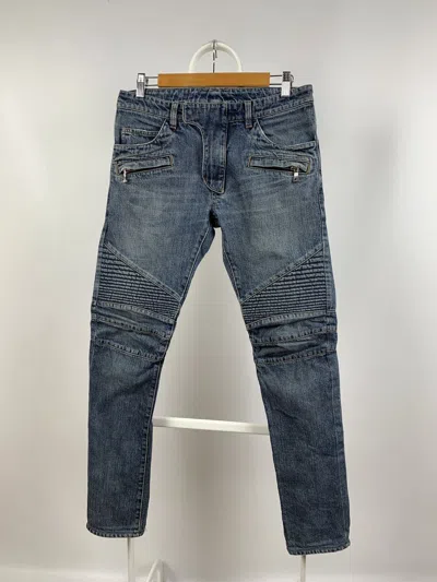 Pre-owned Balmain Paris Biker Blue Denim Skinny Jeans Pants