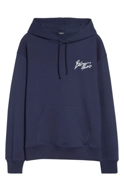 Balmain Paris Brush Logo Fleece Hoodie In Blue