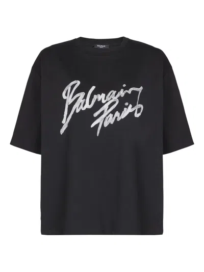 Balmain Paris Brush Print Cotton T-shirt For Women In Black
