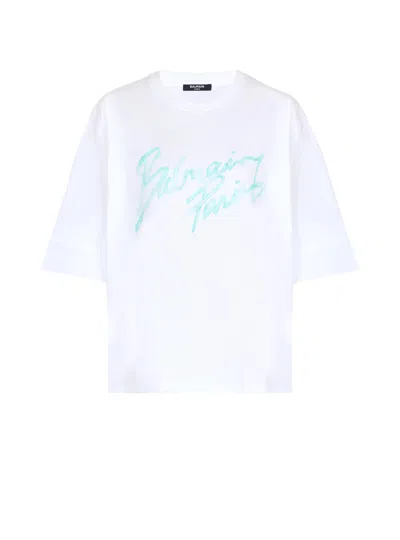 Balmain Oversized White T-shirt With Logo Print Women In Multi