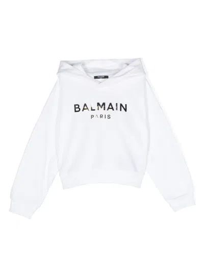 Balmain Kids' Metallic-logo Hoodie In White