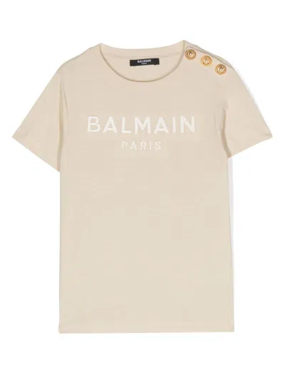 Balmain Embroidered-logo Cotton T-shirt In Beige