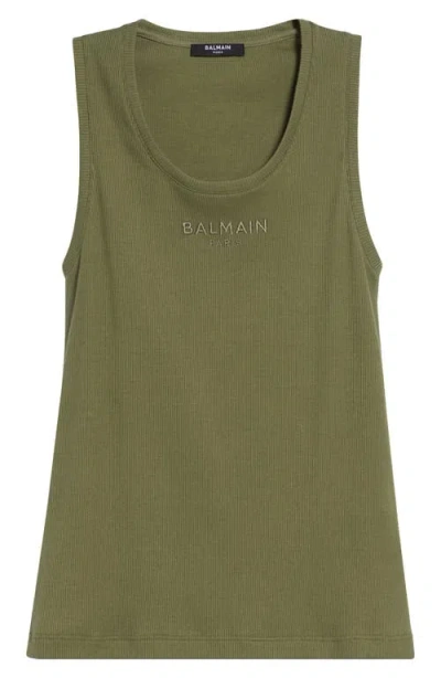 Balmain Paris Logo Embroidered Cotton Jersey Tank In Green