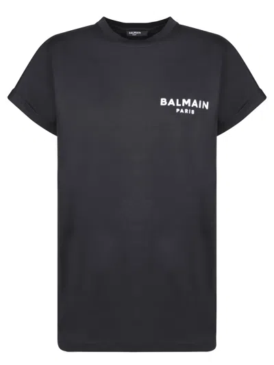 Balmain Paris Logo T-shirt In Celeste In Black
