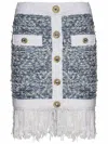 Balmain Frayed Button-embellished Tweed Mini Skirt In Blue