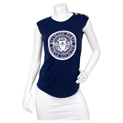 Pre-owned Balmain Paris Navy Blue Logo T-shirt With Shoulder Medallions
