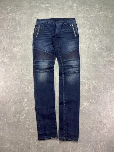 Pre-owned Balmain Paris Navy Dark Blue Zip Pockets Biker Jeans 31