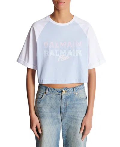 Balmain Paris Print Crew Neck Cropped T-shirt In Blue