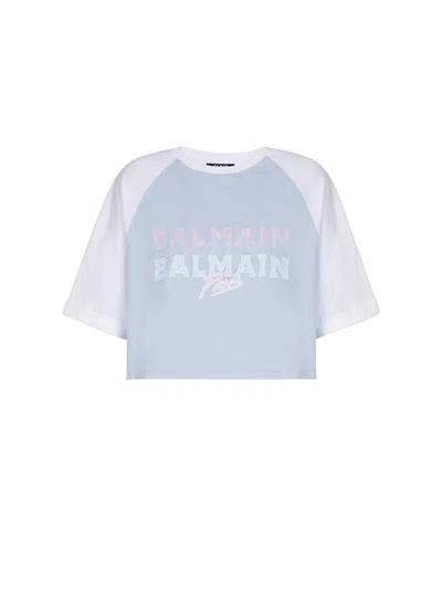 Balmain Paris Print Crew Neck Cropped T-shirt In Blue