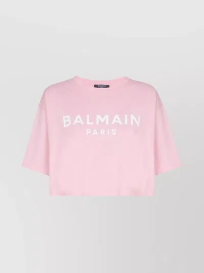 BALMAIN PARIS PRINT CREW NECK CROPPED TOP