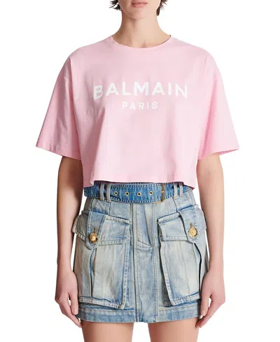 Balmain Cropped Logo Screen Print Tee In Pink