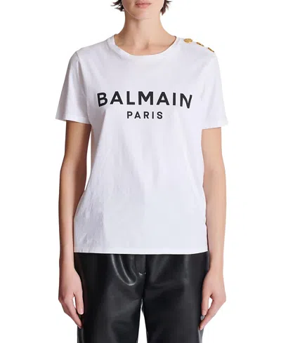Balmain Women White Crewneck T-shirt With Logo Print And Golden Buttons In Jersey Woman In Gray